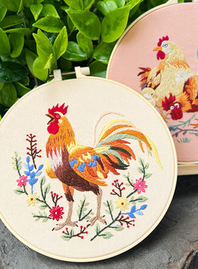创意公鸡系列鲁绣挂画 手工刺绣diy材料包英文入门初学布艺装饰画
