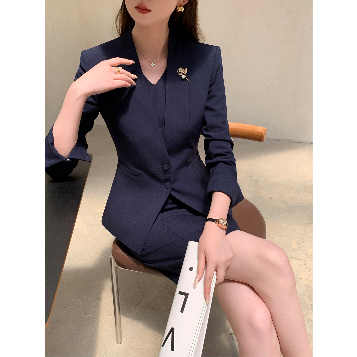 无领显白西装套装女高端气质修身职业装小西服外套配连衣裙两件套