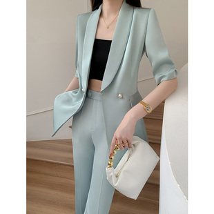 套装 气质两件套职业装 女夏九分裤 时尚 高级感休闲西服 薄款 绿色西装