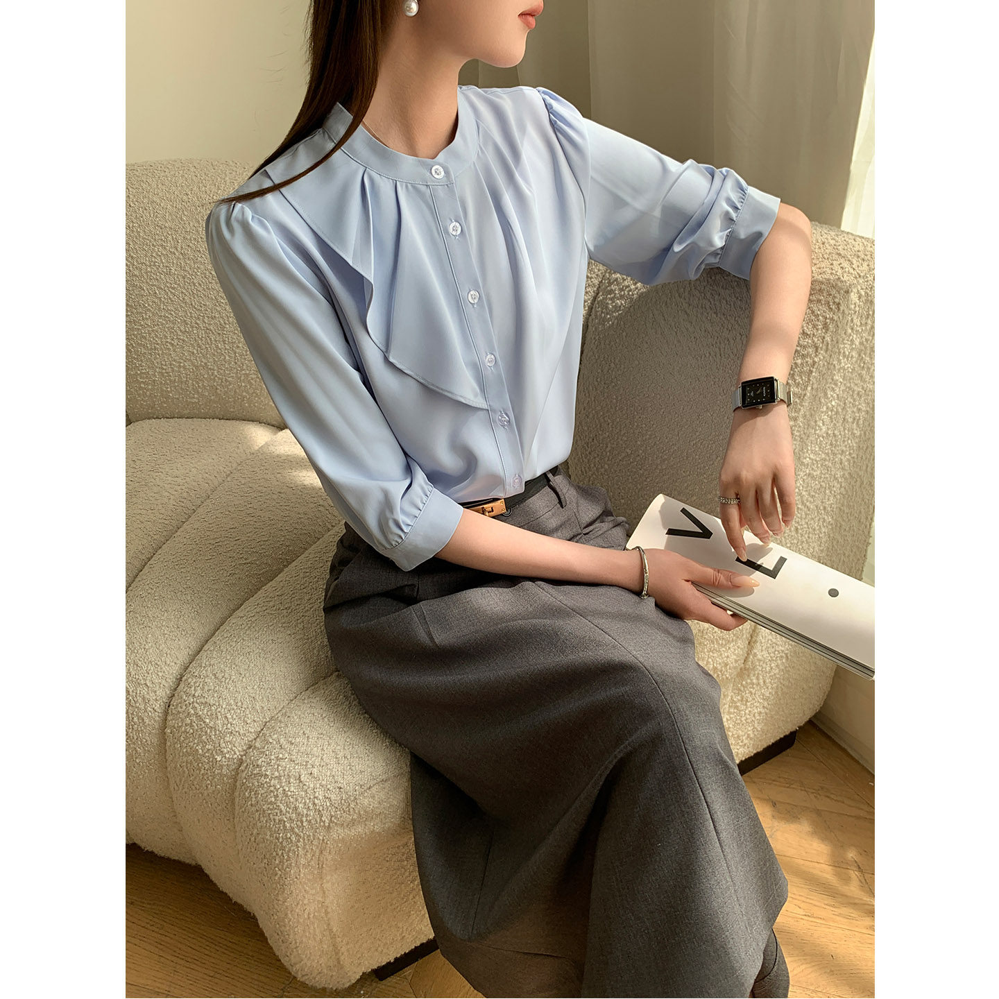 春季职业装蓝色雪纺衬衫上衣女士教资面试律师穿搭高端衬衣工作服