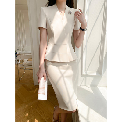 短袖薄款职业西装套装女士夏米白