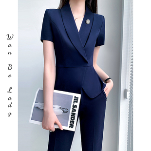 薄款 女夏款 短袖 坠感职业炸街大码 主持人外套 高级感西装 九分裤 套装