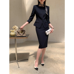 藏青色职业西装套装裙女2025新款高端气质女神范正装收银员工作服