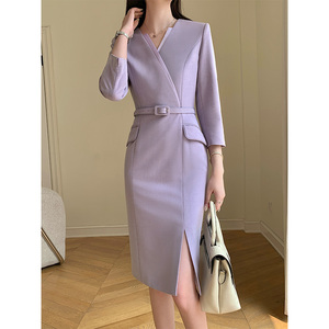 小个子职业连衣裙女神范气质名媛紫色正装高级感收腰美容院工作服