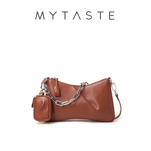 MYTASTE真皮轻奢斜挎褶皱链条包