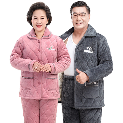睡衣秋冬天珊瑚绒夹棉中老年加厚