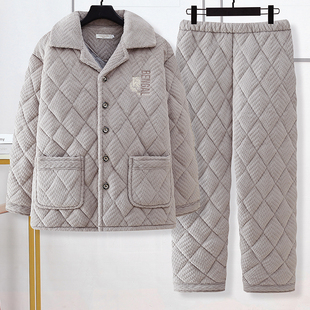 2025新款睡衣男士冬季三层加厚珊瑚绒夹棉袄保暖牛奶绒家居服套装