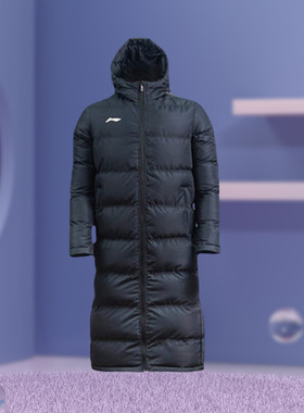 李宁棉服冬季男中长款过膝加厚保暖风外套连帽长款大衣AFMR463