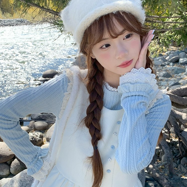 sinsingirl 冰星蓝莓 米色撞蓝色长袖打底衫背心毛呢连衣裙套装