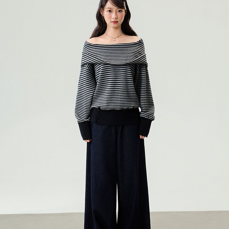 白小鱼原创韩系慵懒一字肩条纹连帽套头卫衣女春秋新款露肩帽衫