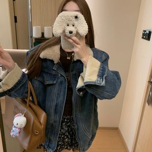 已出货 毛翻领牛仔外套2025秋冬加绒保暖复古撞色polo领夹克上衣