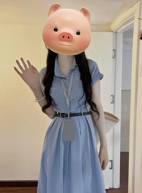 实拍大码女装夏季新款百搭显瘦文艺蓝色连衣裙面试通勤法式裙子