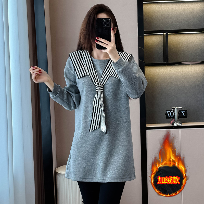 韩系设计感条纹披肩卫衣裙女2025秋冬休闲大码显瘦百搭中长款上衣