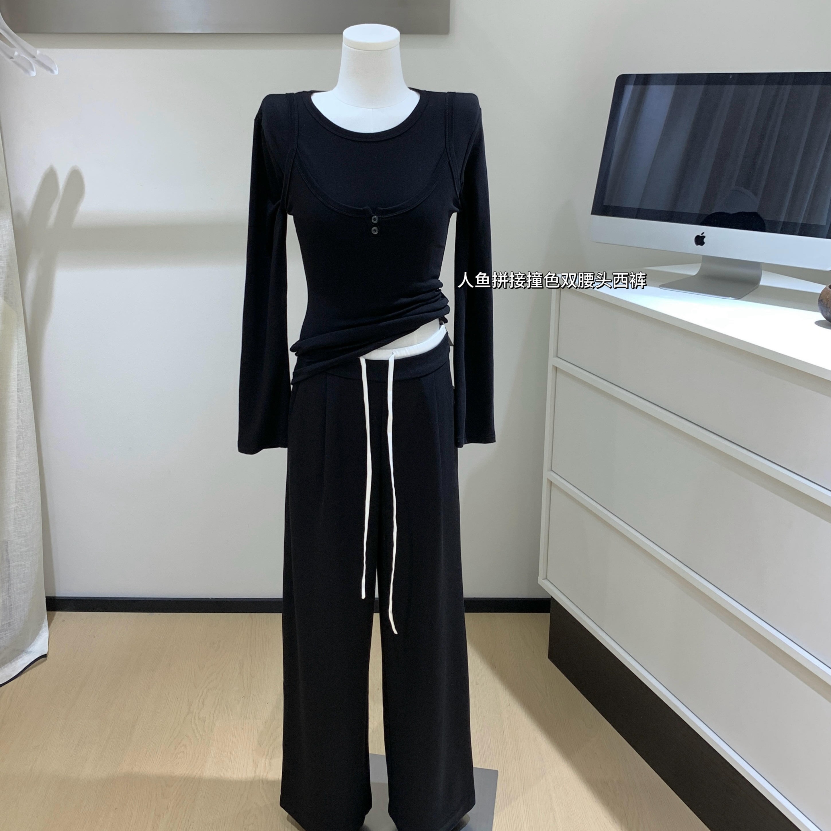 cookadaily人鱼 拼接撞色双腰头抽绳阔腿休闲西裤韩系百搭设计感