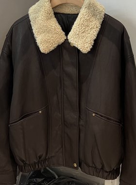 BUFAN布凡11056冬季韩版时尚羊羔毛翻领皮衣棉服加厚外套女
