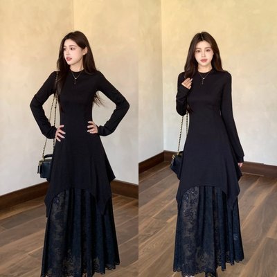 实拍~ 法式蕾丝拼接圆领连衣裙黑色显瘦气质小个子打底针织长裙