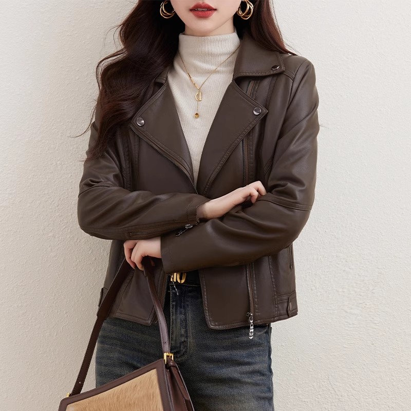 秋季新款韩版流行时髦翻领皮衣PU气质百搭机车服外套修身显瘦上衣