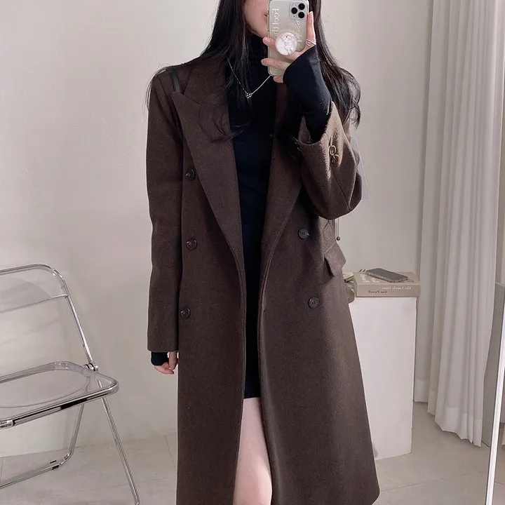 chic 秋冬轻奢时尚大气西装领双排扣中长款过膝西装毛呢外套大衣