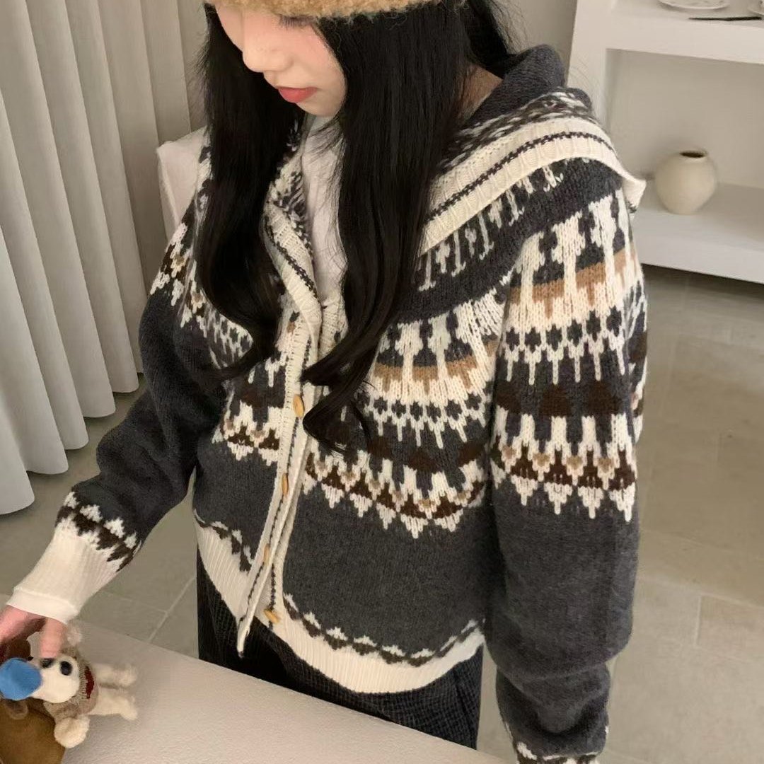 SHEEP费尔岛复古提花加厚连帽羊毛针织开衫女2025冬新款毛衣外套