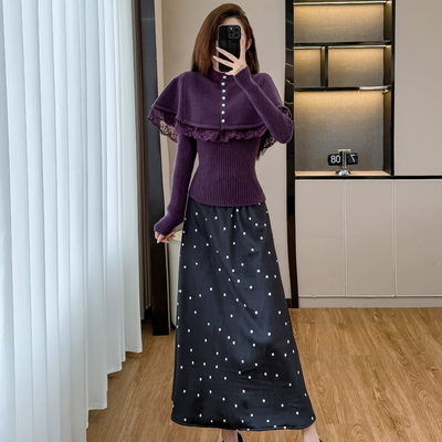 设计感修身针织上衣女秋冬新款斗篷披肩两件套加波点半身裙套装