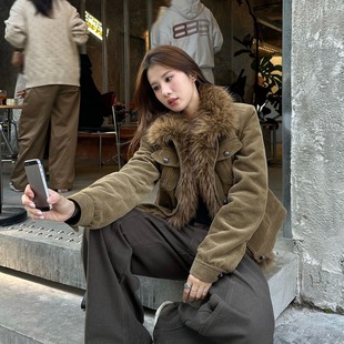 已出货 复古可拆卸毛领夹克女秋冬巴恩风灯芯绒加厚保暖外套 美式