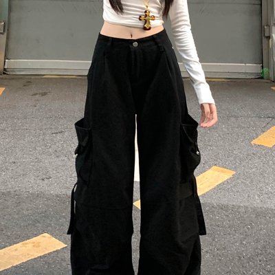 实拍大码   水洗字母印花多口袋工装牛仔裤女宽松显瘦阔腿长裤子