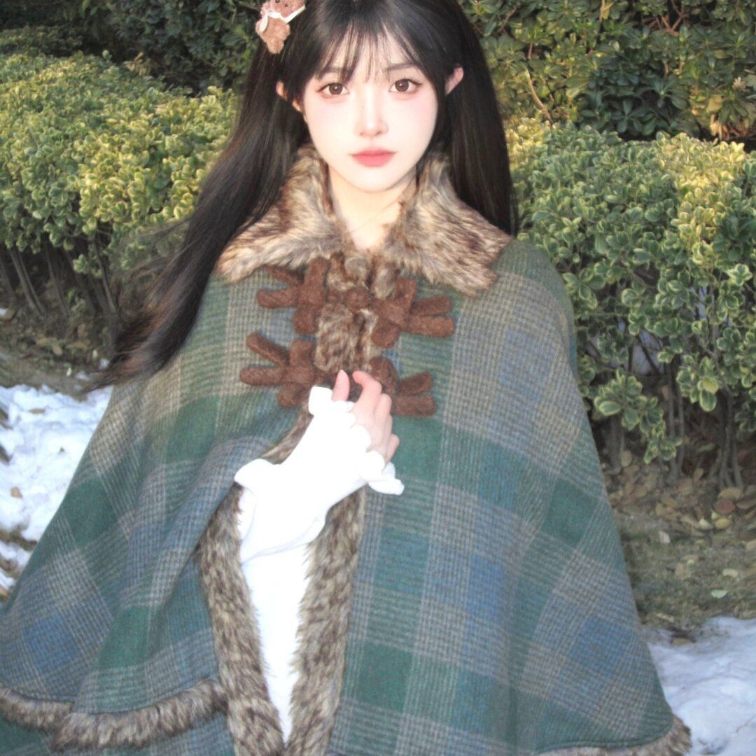 小葱良裁 格子披风毛呢外套女冬季夹棉加厚宽松毛绒翻领盘扣斗篷