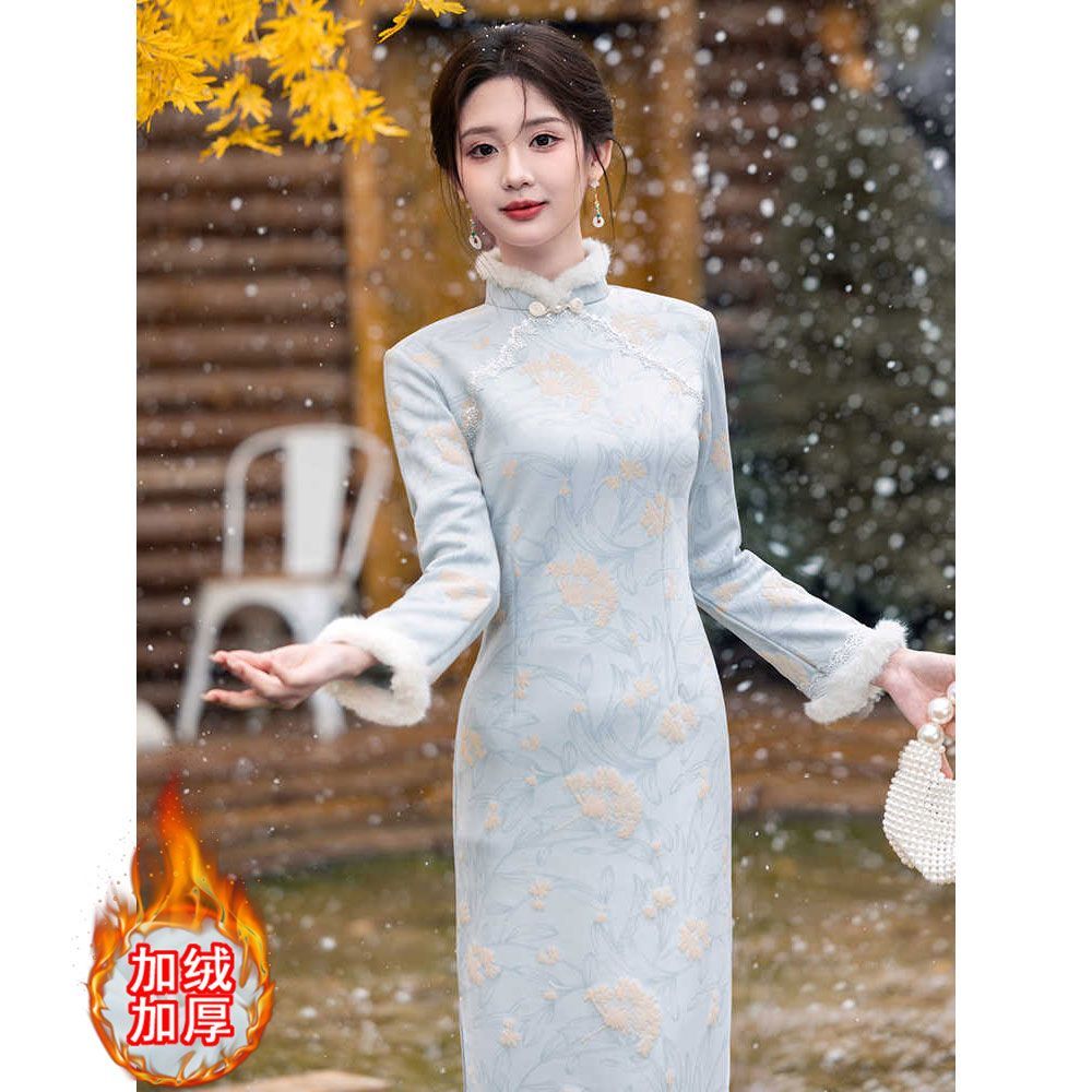 蓝色旗袍2025新款秋冬新中式少女连衣裙改良版日常可以上班穿的