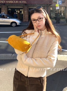 网图原版原料拼接毛毛外套女秋冬2025新款夹棉加厚羊羔毛短款上衣