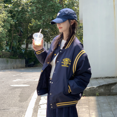 秋冬新款棉服国潮美式外套复古刺绣拼接撞色棒球服男女显瘦百搭