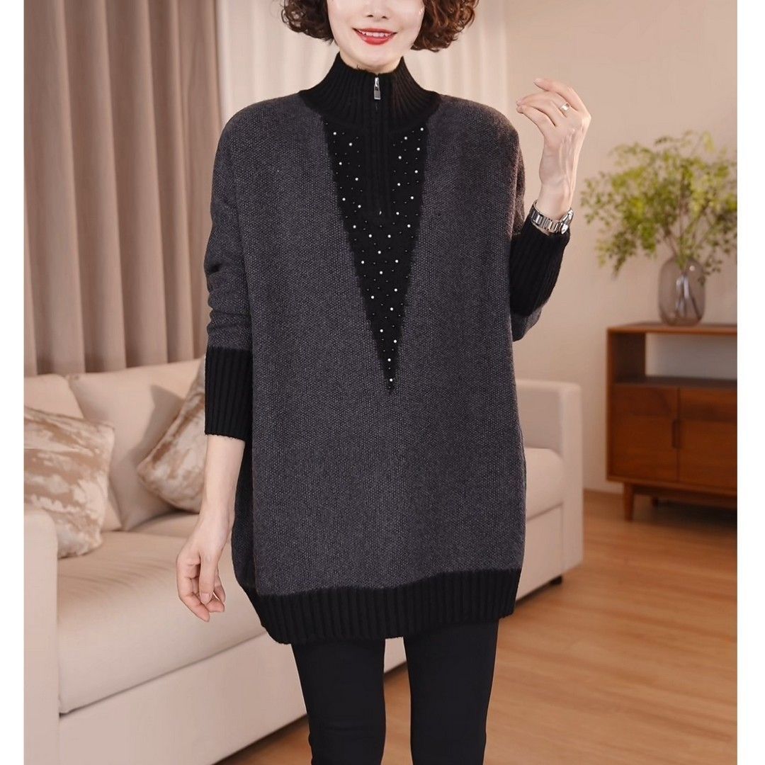 时尚气质百搭烫钻半拉链高领针织衫女秋冬新款宽松显瘦内搭毛衣女