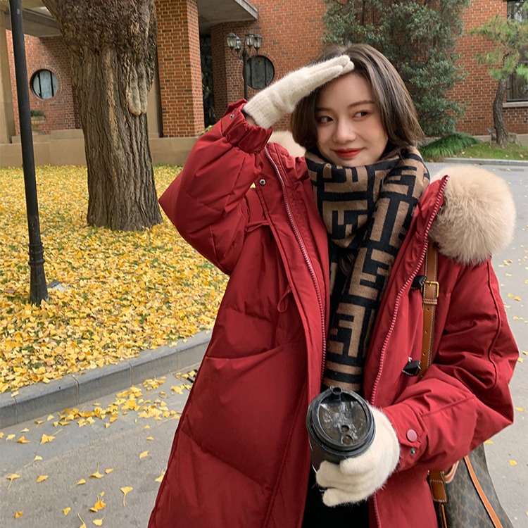 韩版大毛领羽绒服女装中长款冬季新款过膝棉服外套oversize棉衣潮