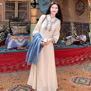 2025春秋新款 刺绣镂空改良旗袍早秋旗袍领连衣裙 天山绣新中式