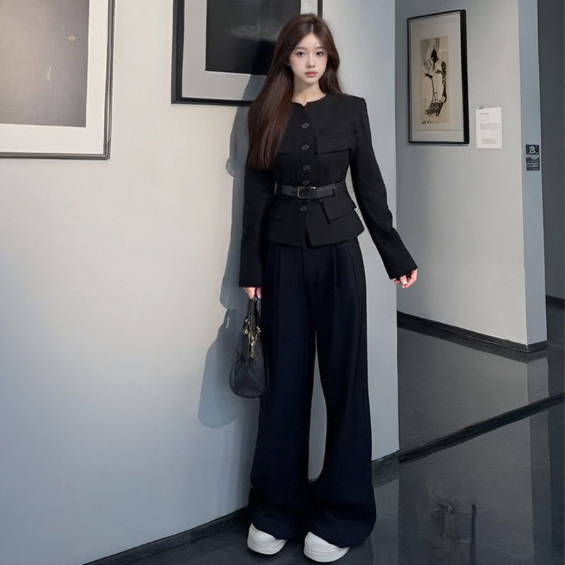 实拍认证 英伦风极简通勤套装单排扣西装外套高腰阔腿裤两件套