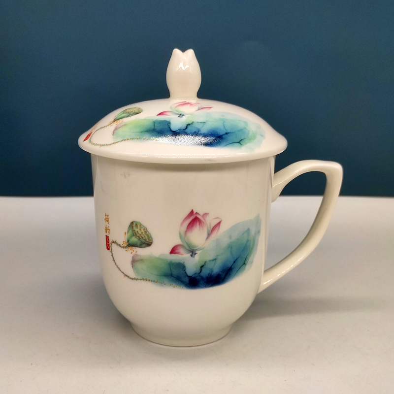 创意通用陶瓷马克杯莲花图案会议大容量带盖办公早餐牛奶燕麦国潮