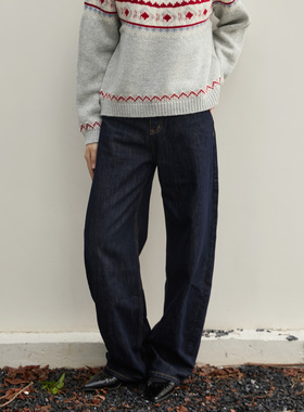 Un Preface美式复古高腰弯刀牛仔裤高个子休闲裤牛仔丹宁色阔腿裤