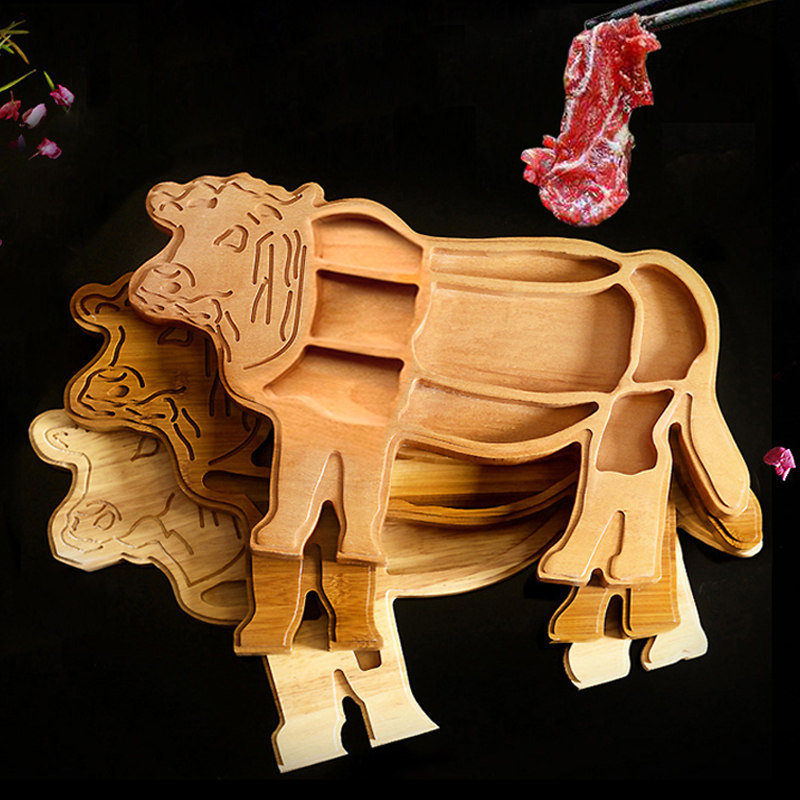 潮汕牛肉全牛宴拼盘时尚火锅店肥牛餐具创意竹木拼盘牛羊造型盘子