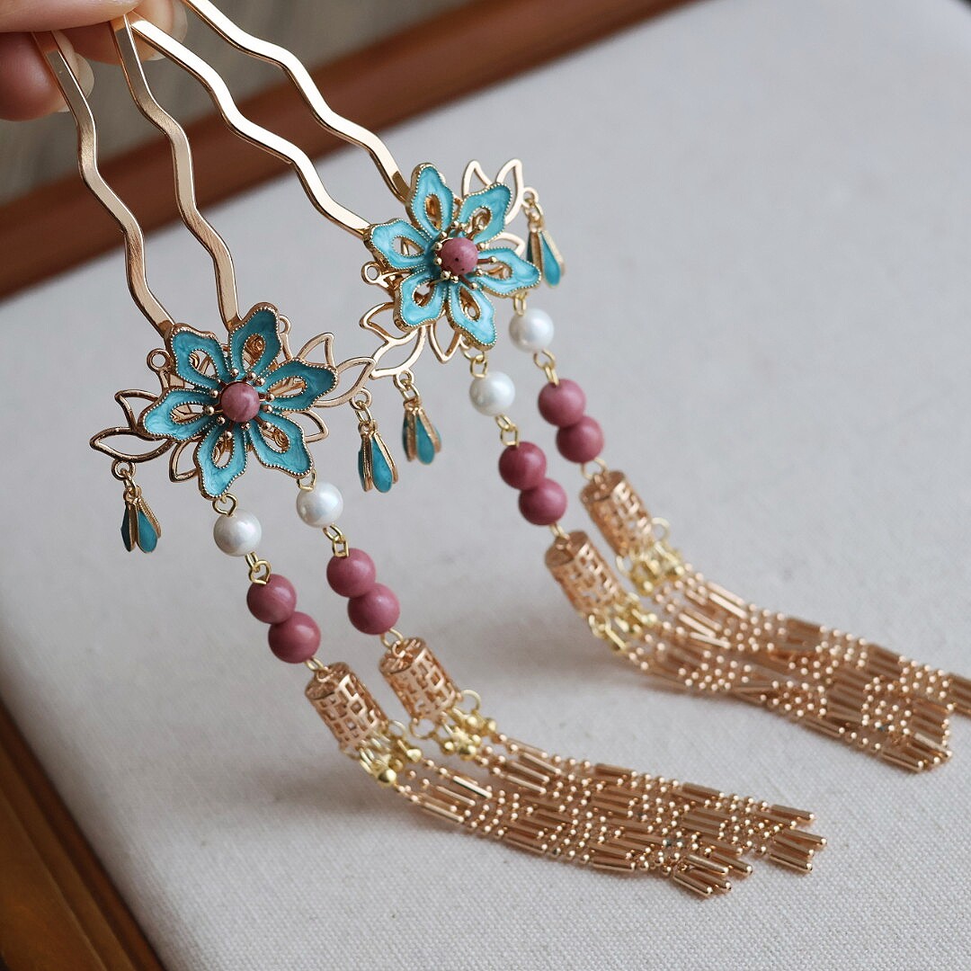 【芳菲语】原创烧蓝仿点翠发钗流苏步摇u钗古风汉服发饰发簪头饰