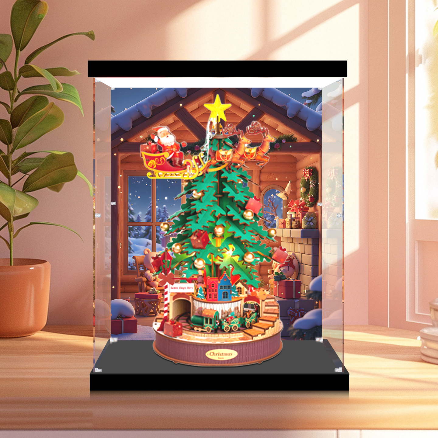 适用rolife若来圣诞环游记音乐盒展示盒亚克力收纳积木防尘罩