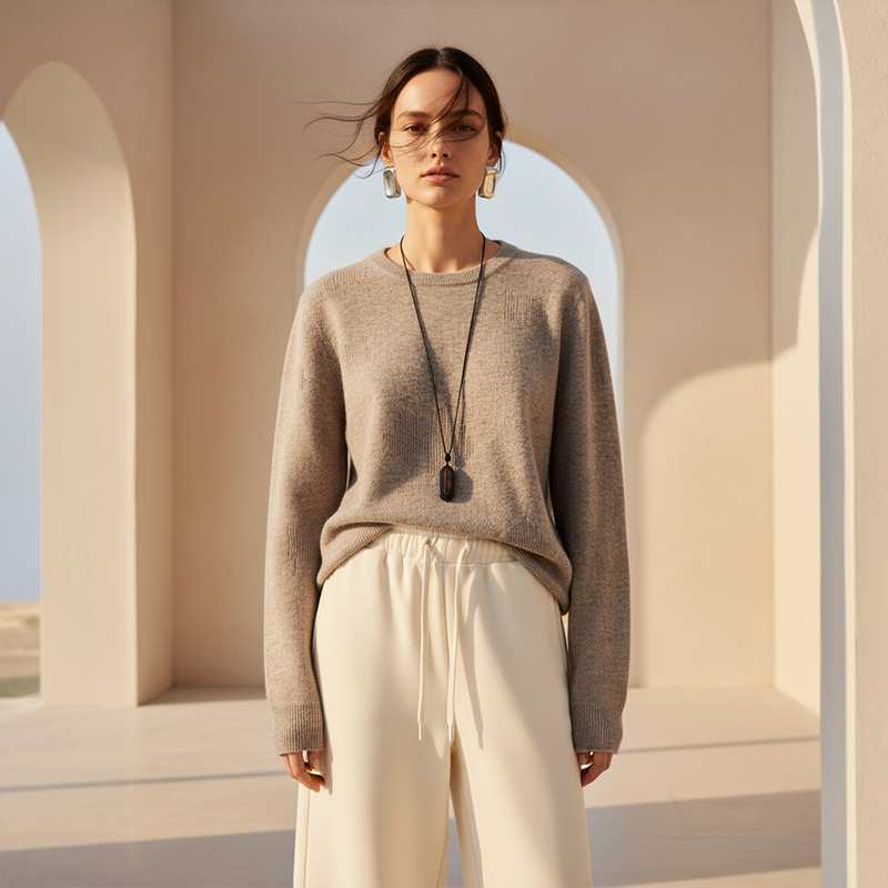 Famecoco范可儿休闲印花套头毛衫宽松简约山羊绒打底衫FAD8DB122