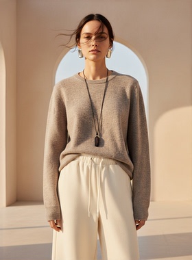 Famecoco范可儿休闲印花套头毛衫宽松简约山羊绒打底衫FAD8DB122