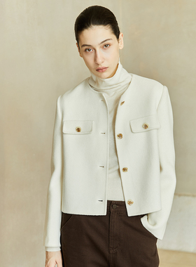 Famecoco高级小香风短款百搭双面呢大衣小个子圆领外套FAC8AS008