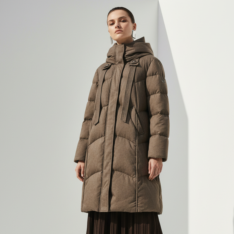 Famecoco范可儿宽松百搭防风长款连帽羽绒服高充绒量FAD8AH111