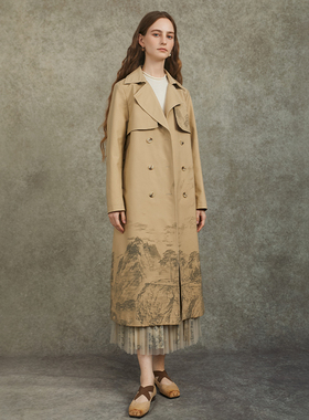 Famecoco范可儿国风印花优雅长款风衣干练通勤收腰外套FAC6AT004