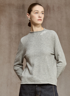 Famecoco慵懒风卷边半高领打底简约百搭绵羊毛针织衫FAC8DC002