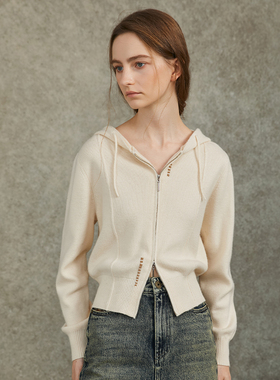 Famecoco休闲时尚羊毛针织开衫针织连帽短外套显瘦百搭FAC6DE009