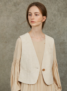 立体裁剪Famecoco文艺加深V领马夹设计棉麻百搭马甲春秋FAC6CA012