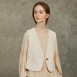 立体裁剪Famecoco文艺加深V领马夹设计棉麻百搭马甲春秋FAC6CA012