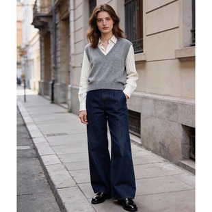 FAD8GA118 高腰显瘦直筒休闲裤 Famecoco范可儿复古经典 深蓝牛仔裤