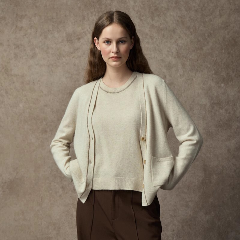 Famecoco优雅小香风休闲针织开衫气质V领短款羊毛外套FAC8DE008